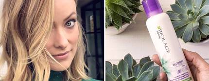 A split image featuring a woman with blonde hair styled in loose waves on the left, and on the right, a hand holding a bottle of Biolage Blondage Conditioning Shampoo surrounded by green succulents.