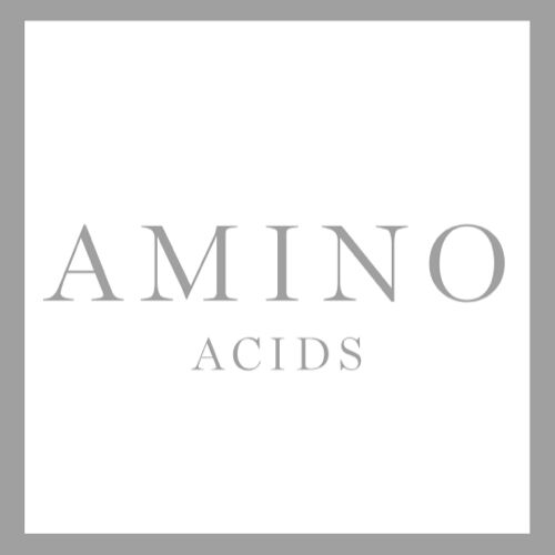 Logo design featuring the words "AMINO" in a bold, stylized font, with "ACIDS" below in a smaller, lighter font, all set against a white background within a gray square border.