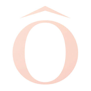 A stylized letter "O" in a soft, pale color, featuring a triangular shape above it.