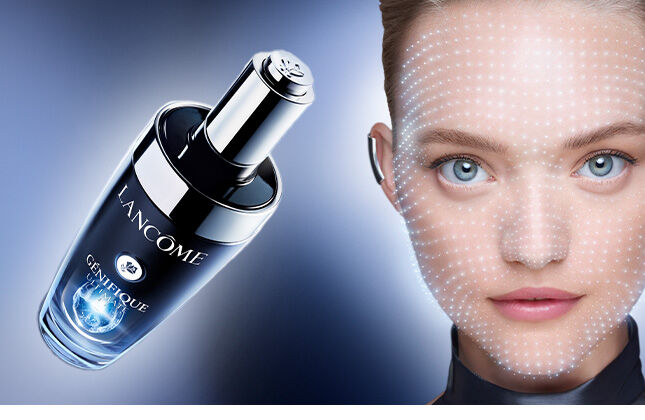 A sleek serum bottle next to a woman's face, featuring digital effects that highlight skincare benefits. The background has a gradient from dark blue to light, emphasizing the product and model.