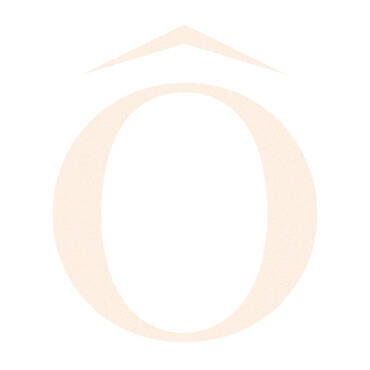 A stylized, large letter "O" in a light color, with a small triangle above it.