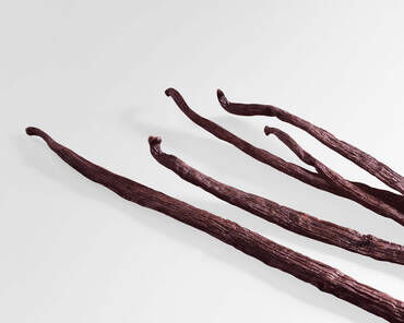 A group of long, dark brown vanilla beans laid out on a light-colored surface.