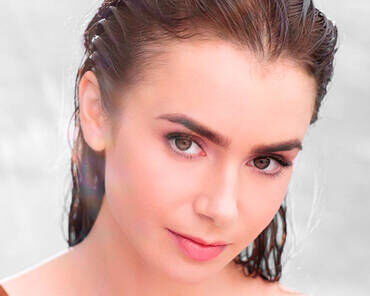 A close-up portrait of a young woman with wet hair, featuring a soft expression and natural makeup. She has bright eyes and a smooth complexion, with a blurred background.