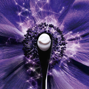 Czarna łyżeczka z kremem na tle fioletowego kwiatu, wypełnionego delikatnymi, świetlistymi wzorami.