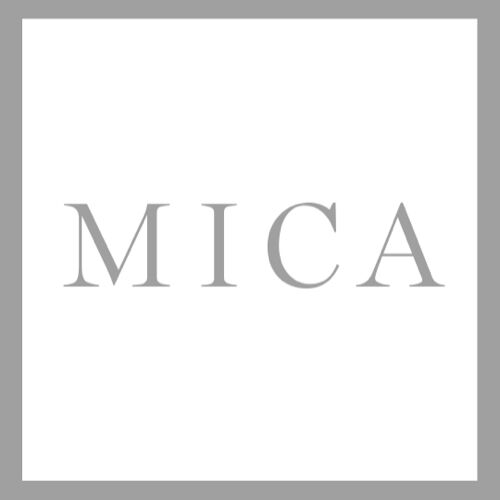 Alt text: "The word 'MICA' displayed in a large, elegant font on a plain white background within a gray border."