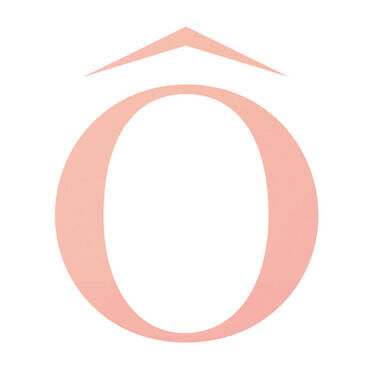 A stylized letter "O" in a soft pink color with a triangular shape above it.