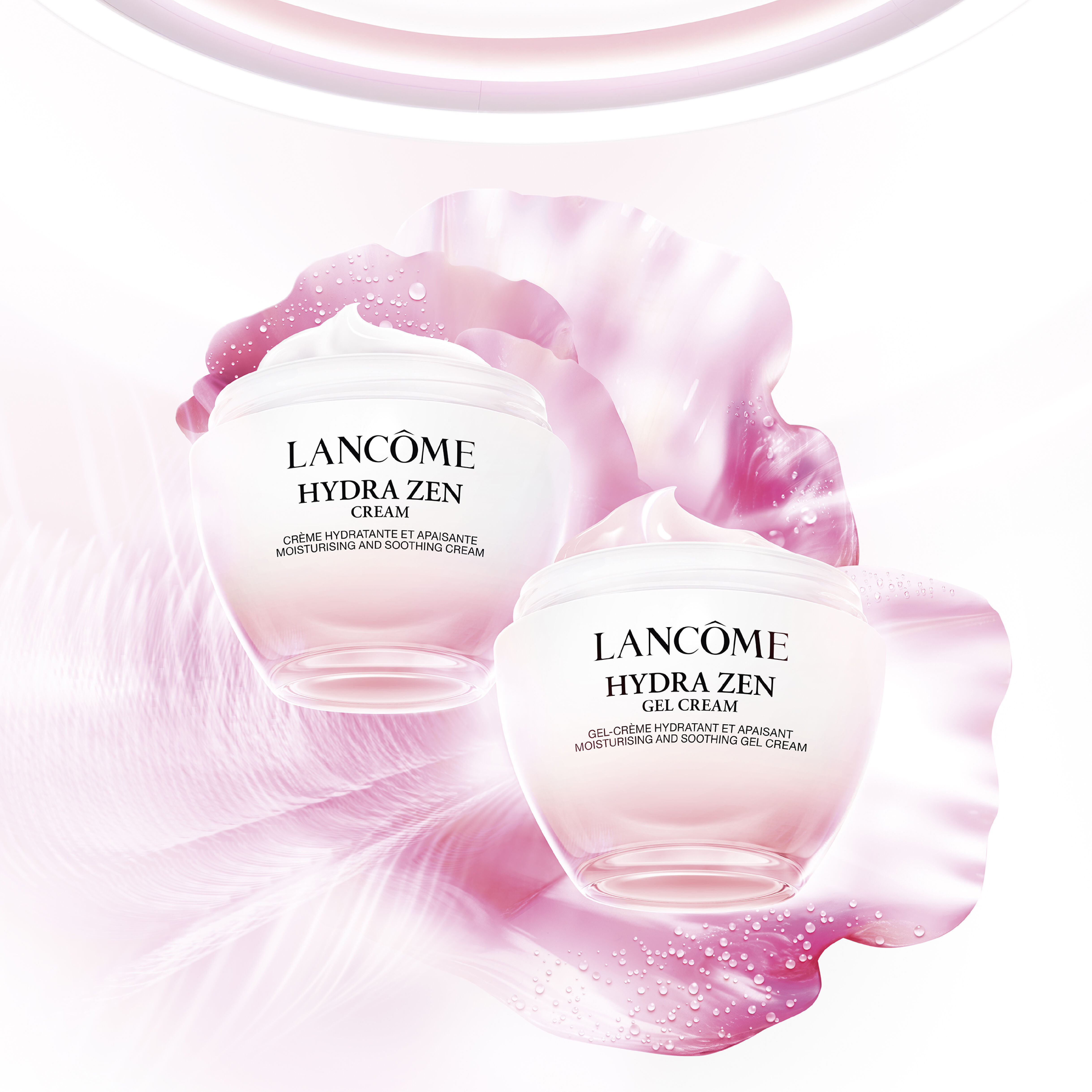 Două creme Lancome Hydra Zen, una in formă de cremă și cealaltă gel-cremă, cu textul „Hidratare profundă și strălucire” și „Descoperă mai multe”.