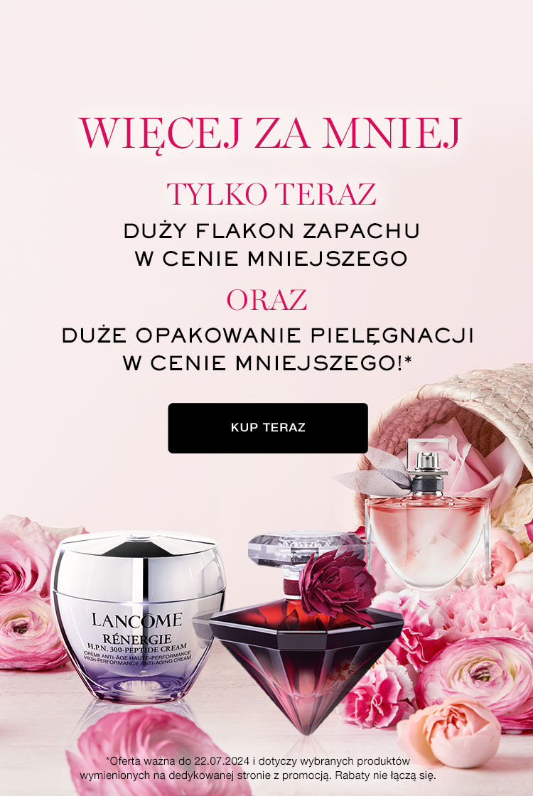 Promocja na perfumy i kosmetyki w kwiatowej scenerii z hasłem "Więcej za mniej".