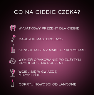 Tekst na fioletowym tle z białymi napisami, zawierający pytanie "Co na ciebie czeka?" oraz listę atrakcji: "Wyjątkowy prezent dla Ciebie", "Make-up masterclass", "Konsultacja z make up artystami", "Wymień opakowanie po zu