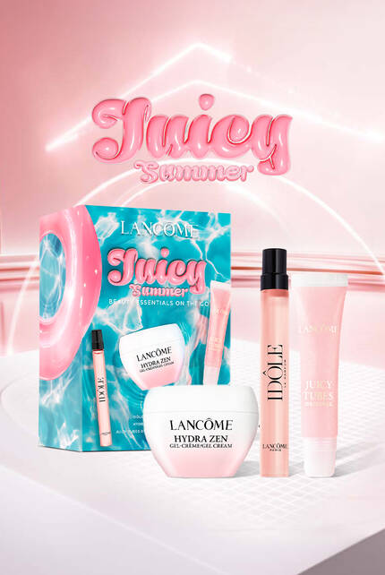 Wizualizacja przedstawia produkty z zestawu: Hydra Zen Gel Cream, Juicy Tubes oraz Idole EDP,